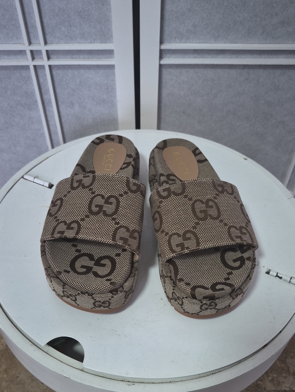 Gucci Brown GG Angelina Maxi Canvas Slide Sandals with Logo Print